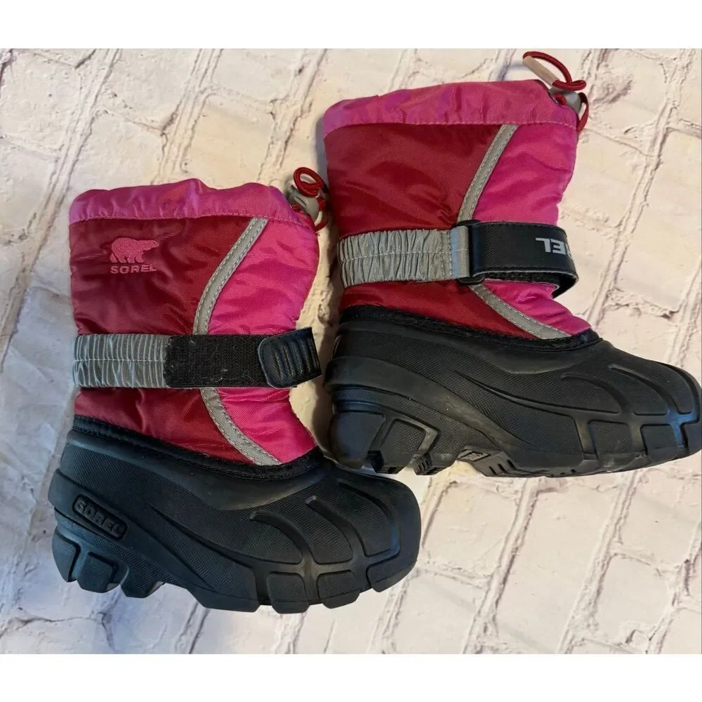Sorel Kids Size 8 Flurry Durable Snow Boots Red Pink Winter Water Resistant